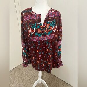 Suzanne Betro Romantic Maroon boho Floral Peplum Top Long-sleeves  L